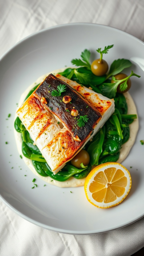 Pan-seared sea bass fillet with creamy spinach and lemon on a white plate, garnished with parsley.